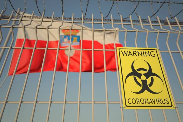 Biohazard Coronavirus Zeichen auf dem Stacheldrahtzaun in der Nähe der Flagge von Kantabrien, einer autonomen Gemeinschaft in Spanien. COVID-19 Quarantäne bezogenes 3D-Rendering — Stockfoto