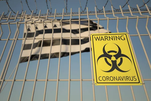 Panneau de coronavirus à risque biologique sur la clôture barbelée près du drapeau breton, une région de France. COVID-19 rendu 3D lié à la quarantaine — Photo
