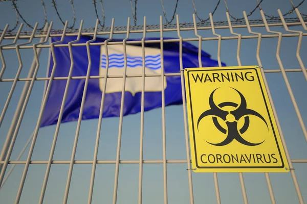 Coronavirus-Warnschild am Stacheldrahtzaun in der Nähe der Basilikata, einer Region Italiens. COVID-19 Quarantäne bezogenes 3D-Rendering — Stockfoto