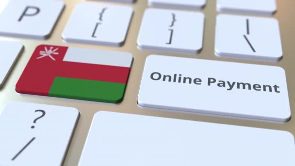 Online Płatność tekst i flaga Oman na klawiaturze. Nowoczesna animacja konceptualna 3D związana z finansami — Wideo stockowe