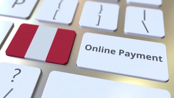 Texto de pago en línea y bandera del Perú en el teclado. Animación 3D conceptual relacionada con las finanzas modernas — Vídeo de stock
