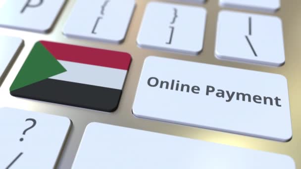 Texto de pago en línea y bandera de Sudán en el teclado. Animación 3D conceptual relacionada con las finanzas modernas — Vídeos de Stock