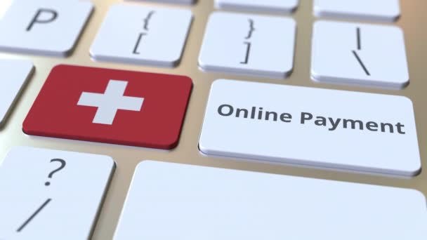 Texto de pago en línea y bandera de Suiza en el teclado. Animación 3D conceptual relacionada con las finanzas modernas — Vídeos de Stock