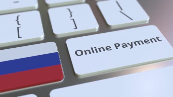 Texto de pago en línea y bandera de Rusia en el teclado. Animación 3D conceptual relacionada con las finanzas modernas — Vídeos de Stock