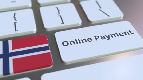 Текст онлайн-оплаты и флаг Норвегии на клавиатуре. Концептуальная 3D анимация — стоковое видео