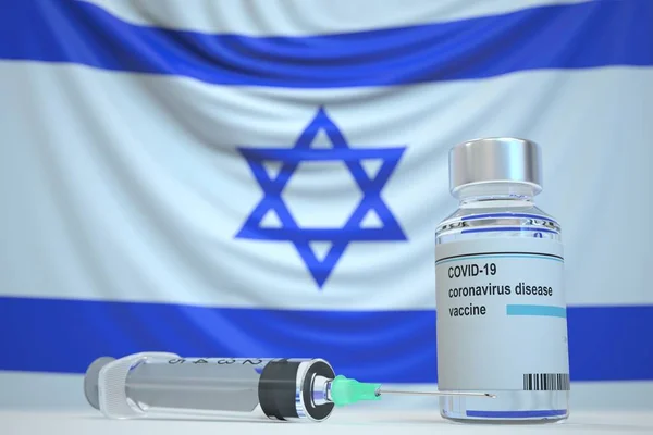 Coronavirus vaccin en spuit op de Israëlische vlag achtergrond. Medisch onderzoek en vaccinatie in Israël, 3D rendering — Stockfoto