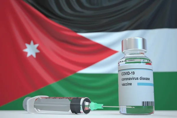 Nieuw coronavirusvaccin met de vlag van Jordanië als achtergrond. Jordanië Medisch onderzoek en vaccinatie, 3D rendering — Stockfoto
