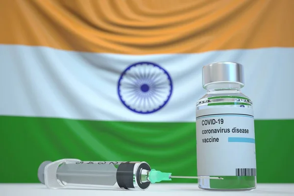 Nieuw coronavirusvaccin met de vlag van India als achtergrond. Indiaas medisch onderzoek en vaccinatie, 3D rendering — Stockfoto