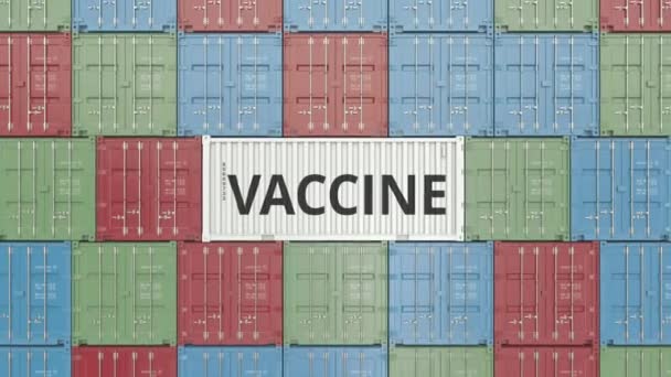 Container met vaccin in container terminal, 3D animatie — Stockvideo