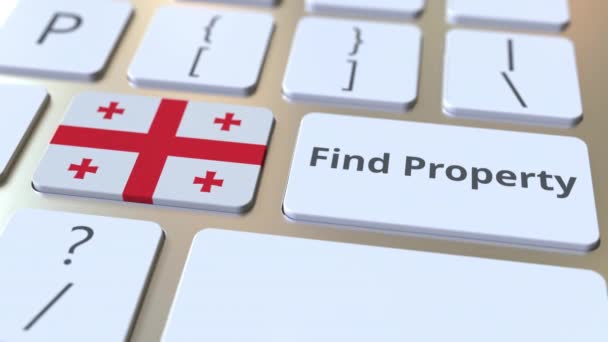 Encontre texto de propriedade e bandeira de Geórgia no teclado. Online serviço imobiliário relacionado animação conceitual 3D — Vídeo de Stock