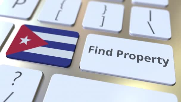 Hitta Property text och flagga Kuba på tangentbordet. Konceptbaserad 3D-animering för fastighetstjänster online — Stockvideo