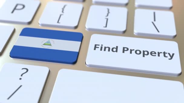 Encuentra texto de propiedad y bandera de Nicaragua en el teclado. Servicio inmobiliario online relacionado con la animación conceptual 3D — Vídeos de Stock