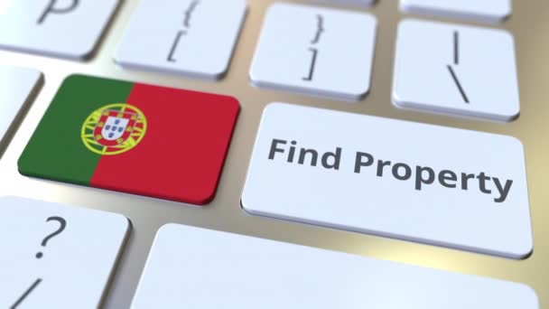 Zoek Eigendom tekst en vlag van Portugal op het toetsenbord. Online onroerend goed service gerelateerde conceptuele 3D animatie — Stockvideo