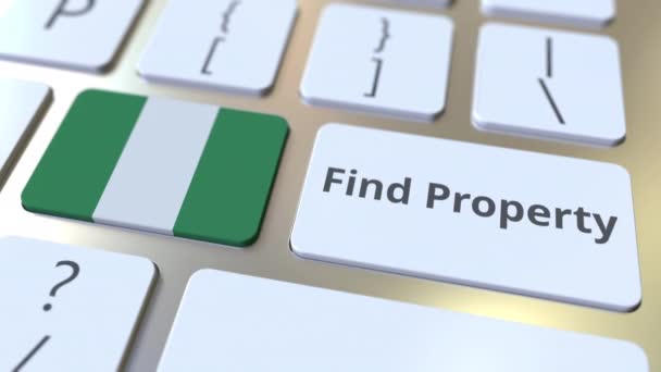 Encontre texto de propriedade e bandeira da Nigéria no teclado. Online serviço imobiliário relacionado animação conceitual 3D — Vídeo de Stock