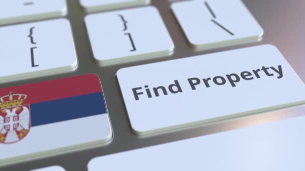 Encontre texto de propriedade e bandeira de Sérvia no teclado. Online serviço imobiliário relacionado animação conceitual 3D — Vídeo de Stock