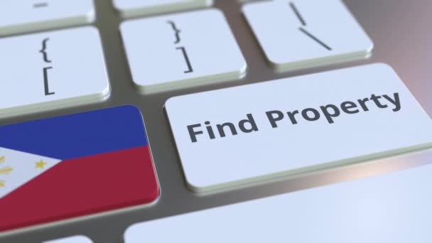 Hitta Property text och flagga Filippinerna på tangentbordet. Konceptbaserad 3D-animering för fastighetstjänster online — Stockvideo