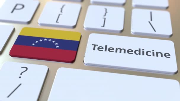 テレメディシンテキストとコンピューターキーボード上のベネズエラのフラグ。遠隔医療サービス関連の概念3Dアニメーション — ストック動画