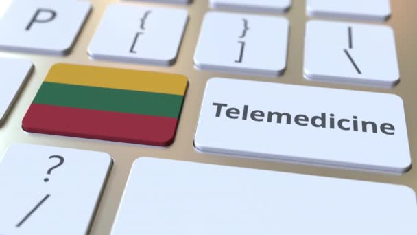 Telemedicine text and flag of Lithuania on the computer keyboard. Remote medical services related conceptual 3D animation — Stock Video