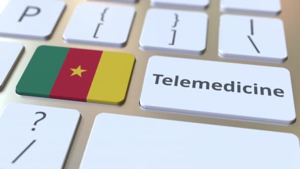 Τηλεϊατρικό κείμενο και σημαία του Καμερούν στο πληκτρολόγιο του υπολογιστή. Απομακρυσμένη ιατρική υπηρεσία σχετική εννοιολογική 3D animation — Αρχείο Βίντεο