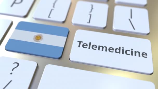 Tekst telemedycyny i flaga Argentyny na klawiaturze komputera. Zdalne usługi medyczne związane z konceptualną animacją 3D — Wideo stockowe
