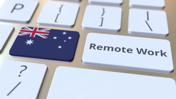 Удаленный рабочий текст и флаг Австралии на клавиатуре компьютера. Телемутация или телеработа, связанная с концептуальной 3D анимацией — стоковое видео