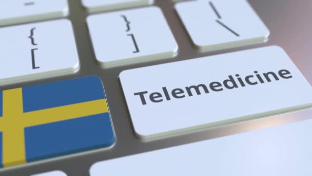 Texto de telemedicina e bandeira da Suécia no teclado do computador. Serviços médicos remotos relacionados animação conceitual 3D — Vídeo de Stock