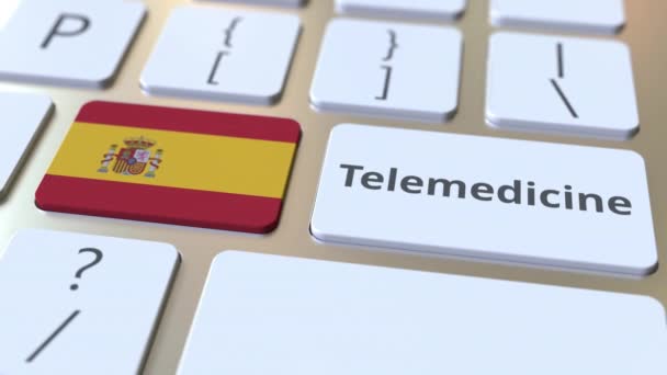 计算机键盘上的远程医疗文本和西班牙国旗。与远程医疗服务有关的概念3D动画 — 图库视频影像