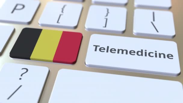 Text telemedicíny a vlajka Belgie na klávesnici počítače. Vzdálená lékařská služba související konceptuální 3D animace — Stock video