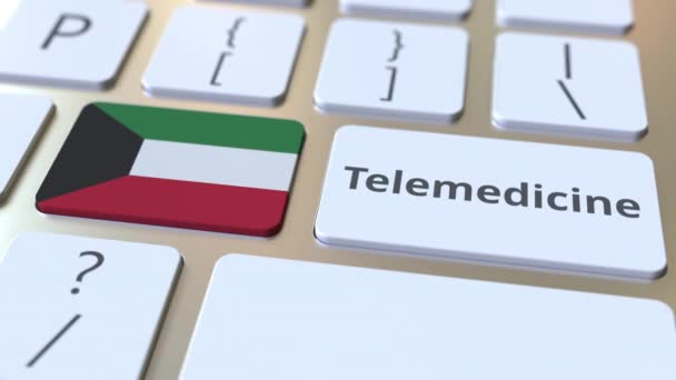 Texto de telemedicina y bandera de Kuwait en el teclado de la computadora. Servicios médicos remotos relacionados con la animación conceptual 3D — Vídeos de Stock