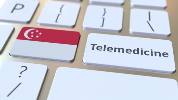 Texto de telemedicina y bandera de Singapur en el teclado de la computadora. Servicios médicos remotos relacionados con la animación conceptual 3D — Vídeo de stock