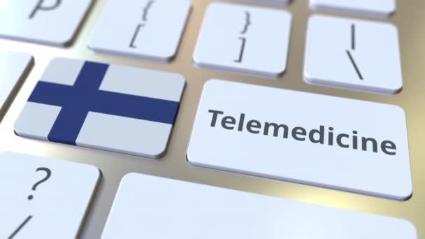 Text telemedicíny a vlajka Finska na klávesnici počítače. Vzdálená lékařská služba související konceptuální 3D animace — Stock video