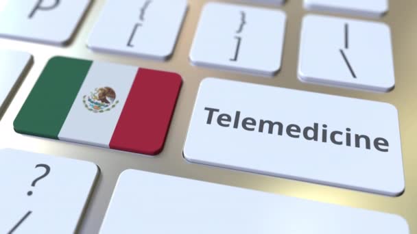 Texto de telemedicina e bandeira do México no teclado do computador. Serviços médicos remotos relacionados animação conceitual 3D — Vídeo de Stock