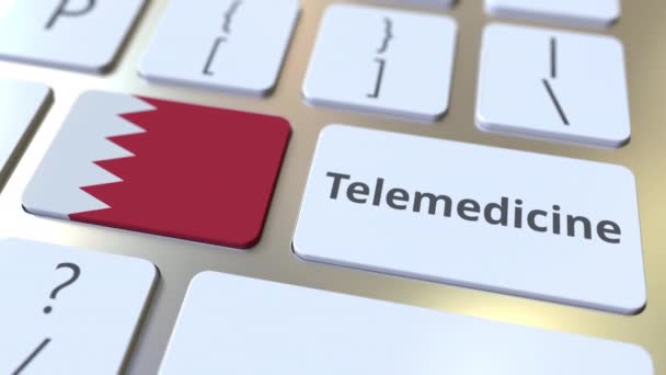 Texto de telemedicina y bandera de Bahréin en el teclado de la computadora. Servicios médicos remotos relacionados con la animación conceptual 3D — Vídeo de stock