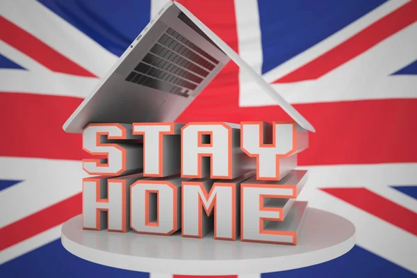Přenosný počítač a nápis STAY HOME s vlajkou Velké Británie jako pozadí. British Coronavirus self-isolation, 3D rendering — Stock fotografie