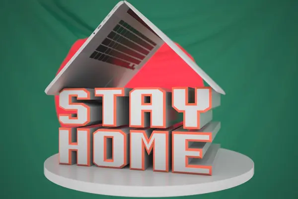 Portable computer and STAY HOME inscription with flag of Bangladesh as a background. Bangladeshi Coronavirus self-isolation, 3D rendering — Stock Photo, Image