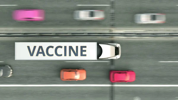 Вид с воздуха на прицепы грузовиков, доставляющих вакцину. 3D рендеринг — стоковое фото