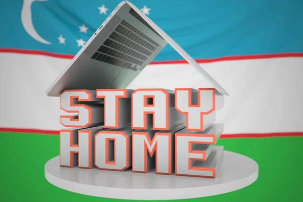 Laptop and STAY HOME text on the Uzbek flag background. Coronavirus self-isolation in Uzbekistan, 3D rendering — Stock Photo, Image