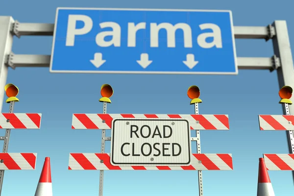 Vägspärr nära Parma stads trafikskylt. Coronavirus sjukdom karantän eller lockdown i Italien konceptuell 3D-rendering — Stockfoto