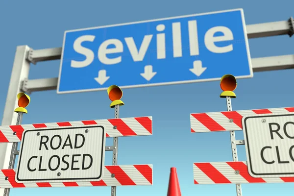 Barreras viales en el semáforo de Sevilla. Cuarentena o bloqueo de la enfermedad por Coronavirus en España renderizado 3D conceptual — Foto de Stock