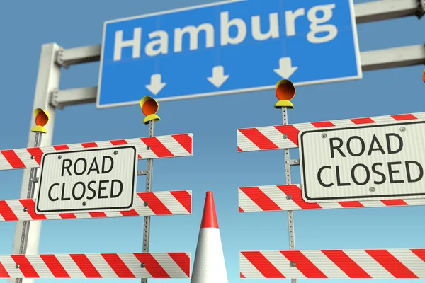 Hinder vid Hamburg stads trafikskylt. Coronavirus sjukdom karantän eller lockdown i Tyskland konceptuell 3D-rendering — Stockfoto