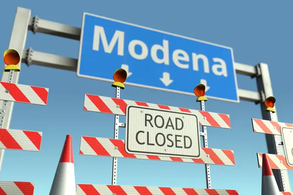 Vägspärr nära Modena stads trafikskylt. Coronavirus sjukdom karantän eller lockdown i Italien konceptuell 3D-rendering — Stockfoto