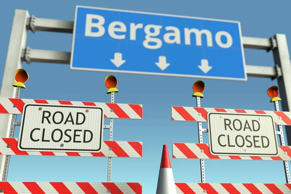 Bloques de carreteras cerca del semáforo de la ciudad de Bérgamo. Cuarentena o bloqueo de la enfermedad por Coronavirus en Italia renderizado 3D conceptual — Foto de Stock