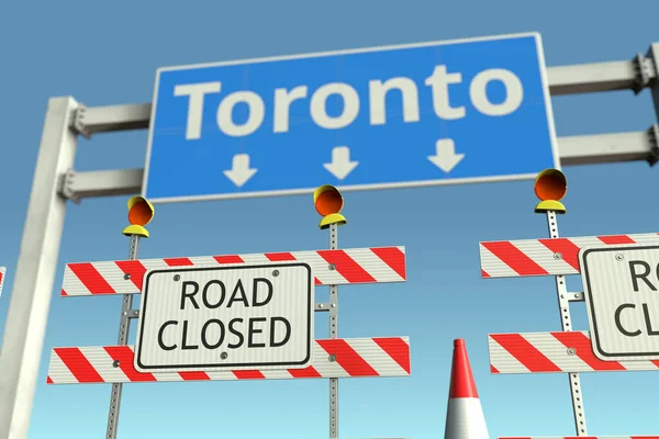 Barreiras perto de Toronto sinal de trânsito da cidade. Quarentena ou bloqueio da doença por coronavírus no Canadá renderização 3D conceitual — Fotografia de Stock