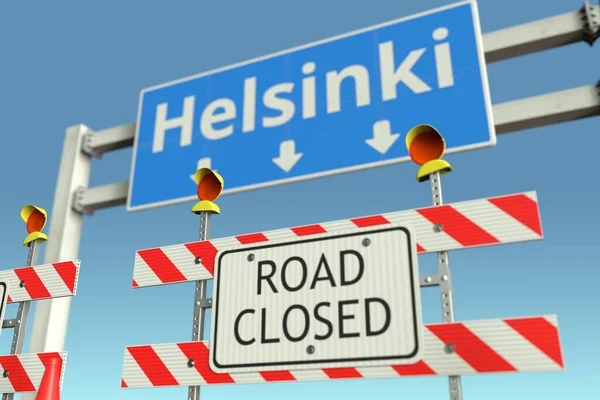 Barrières bij Helsinki verkeersbord. Coronavirus quarantaine of lock-down in Finland conceptuele 3D rendering — Stockfoto
