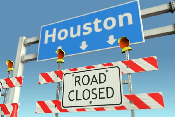 Absperrungen in der Nähe eines Verkehrsschildes in Houston. Coronavirus-Quarantäne oder Lockdown in den USA — Stockfoto