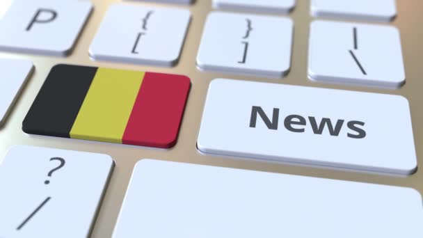 Tekst wiadomości i flaga Belgii na klawiszach klawiatury komputera. Krajowe media online związane z konceptualną animacją 3D — Wideo stockowe