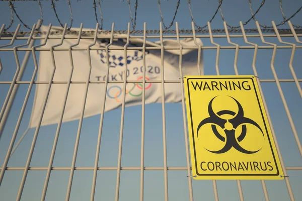 Προειδοποιητική πινακίδα του Coronavirus στο φράχτη με φόντο τη σημαία των Ολυμπιακών Αγώνων του Τόκιο 2020. Εκδοτική εννοιολογική 3D απόδοση — Φωτογραφία Αρχείου