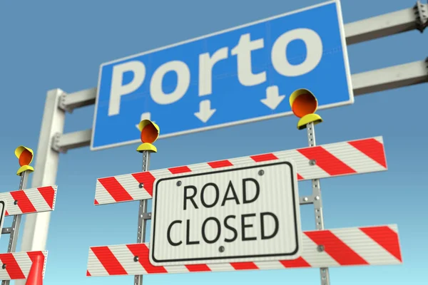 Barreras en el semáforo de Oporto. Cuarentena o bloqueo de la enfermedad por Coronavirus en Portugal renderizado 3D conceptual — Foto de Stock