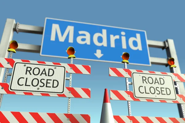 Bloqueo de carreteras en el semáforo de Madrid. Cuarentena o bloqueo de la enfermedad por Coronavirus en España renderizado 3D conceptual —  Fotos de Stock