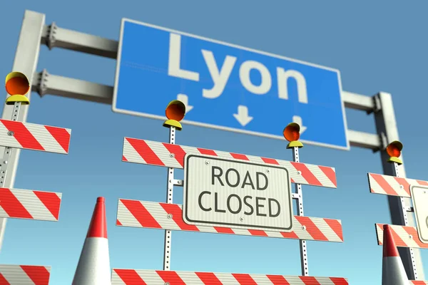 Roadblock na placa de trânsito da cidade de Lyon. Quarentena ou bloqueio da doença do coronavírus na França renderização 3D conceitual — Fotografia de Stock